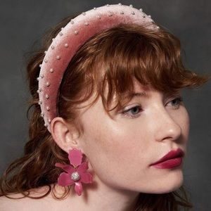 Lele Sadoughi Velvet Pink Padded Headband w/Pearls